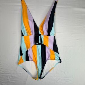 ModCloth One Piece Swimsuit Large Multicolor Striped Belted V-Neck RN138432